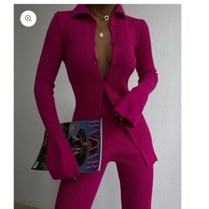 MUTU Eniko Hot pink ribbed knit pants and long sleeve top. Small. NWT.
